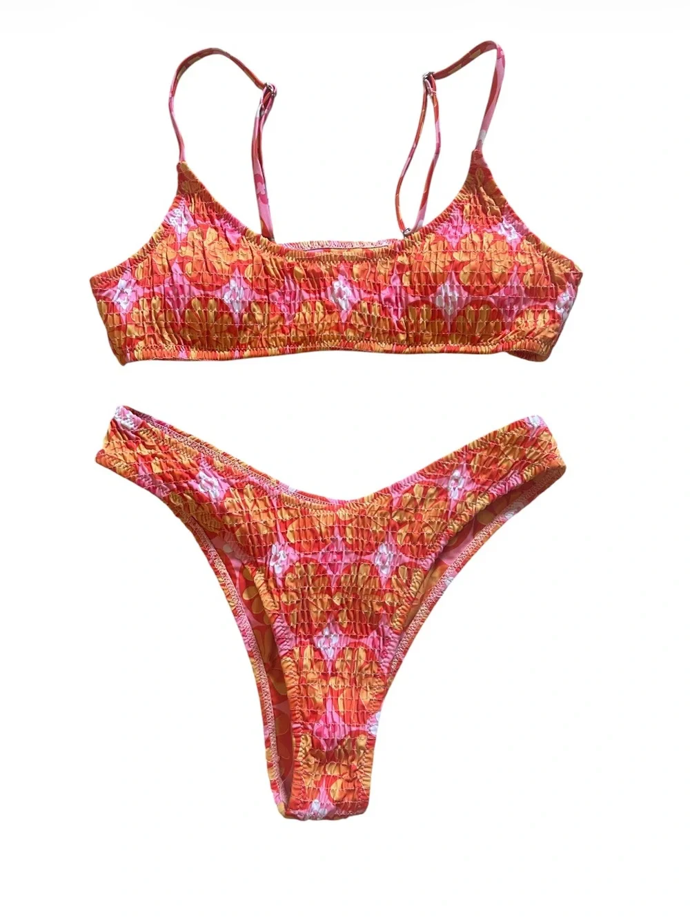 VOLAFA Pink and Orange Floral Smocked Textured Scoop Print Ruched Bikini Set